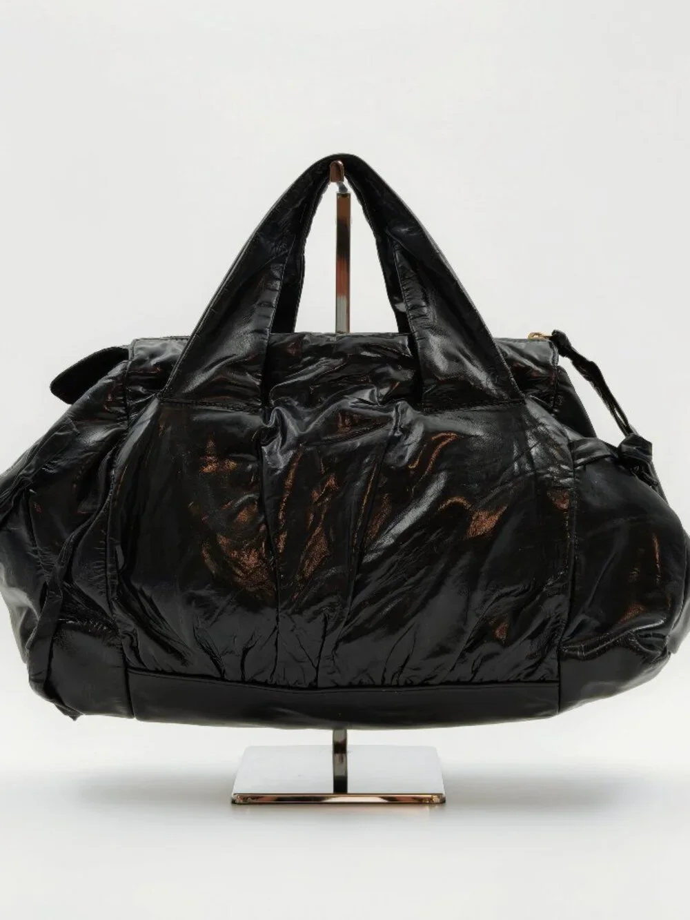 Gucci Hysteria Black Patent Leather Top Handle Bag Gold Crest Medallion